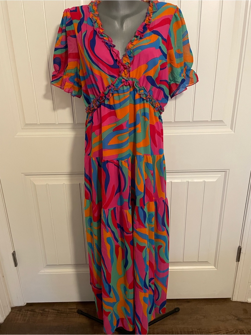 STINE GOYA Pink Orange Blue Tiered V-Neck Maxi Dress
